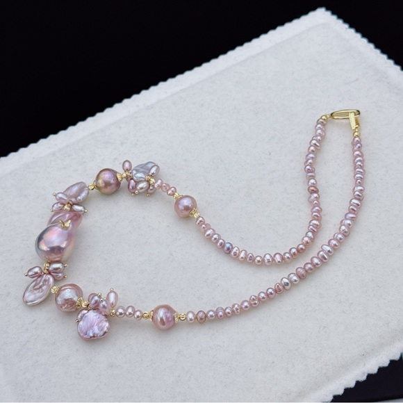 D44 Handmade Freshwater Baroque Pearl Necklace with Flame Ball Pendant - Picture 3 of 8